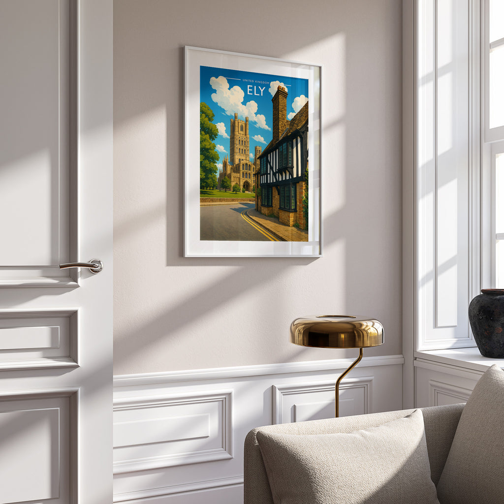 Ely Travel Poster in a white frame on a panelled wall