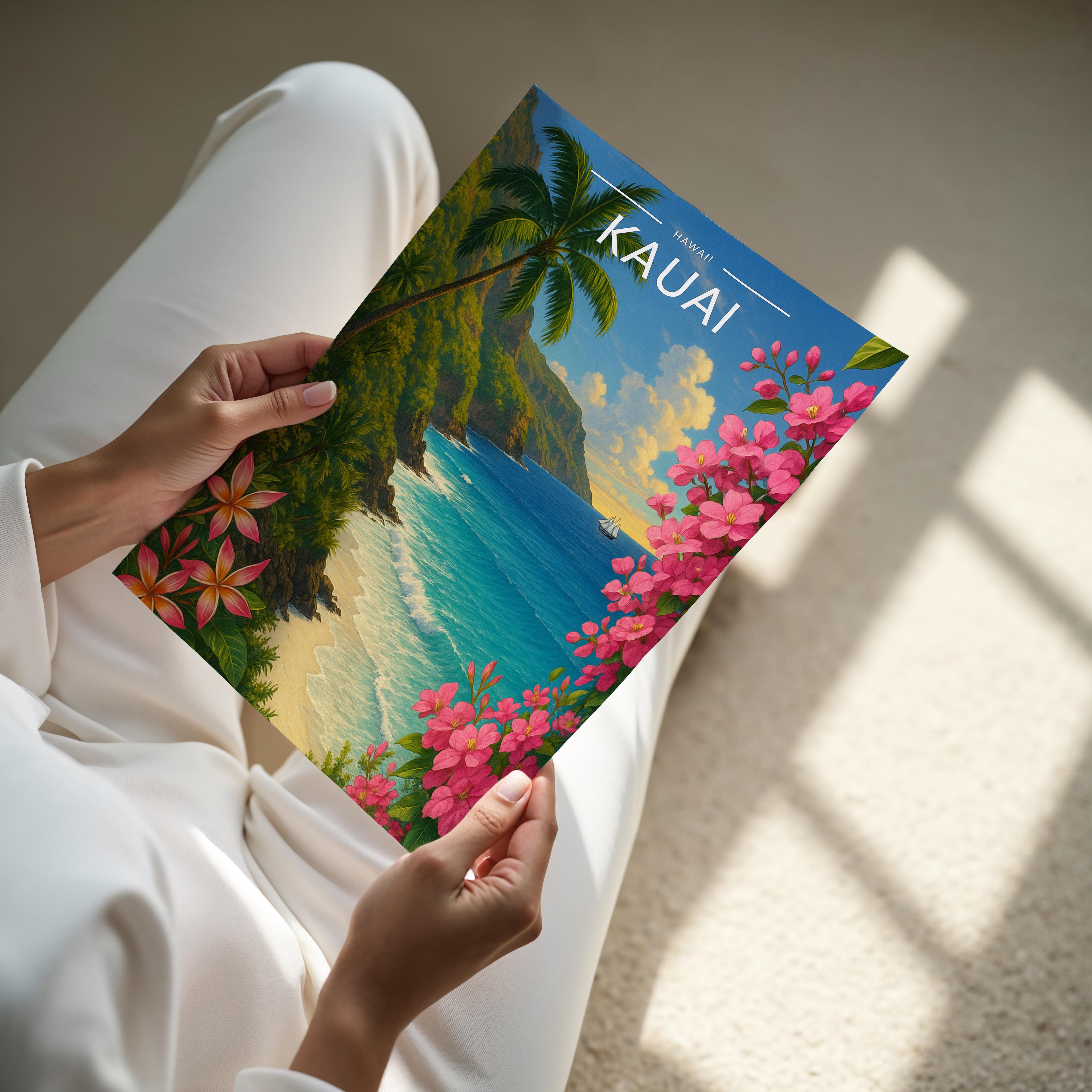 Kauai Travel Poster - A4 print held in hand