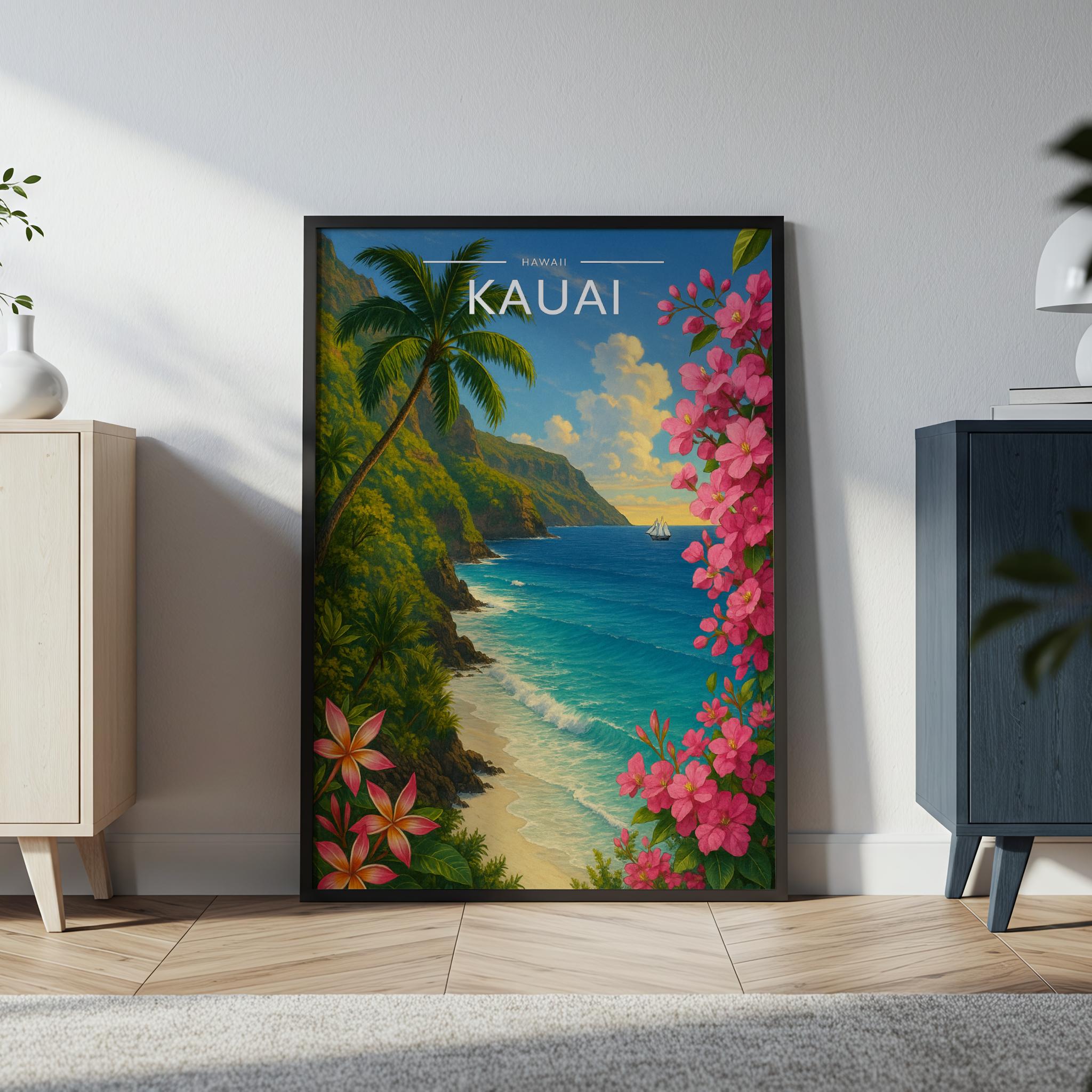 Kauai Travel Poster in a black frame