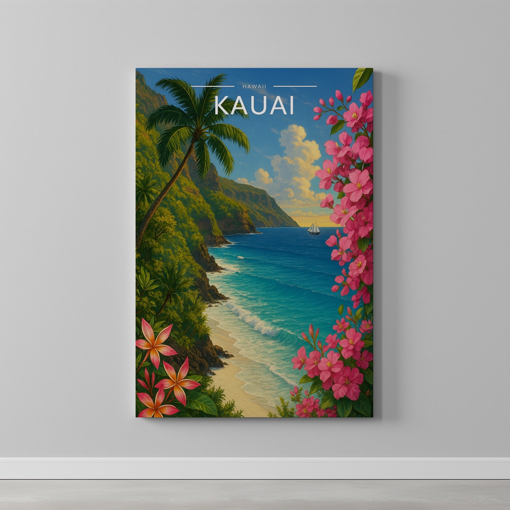 Kauai Travel Poster as a gallery-wrapped canvas on a plain wall
