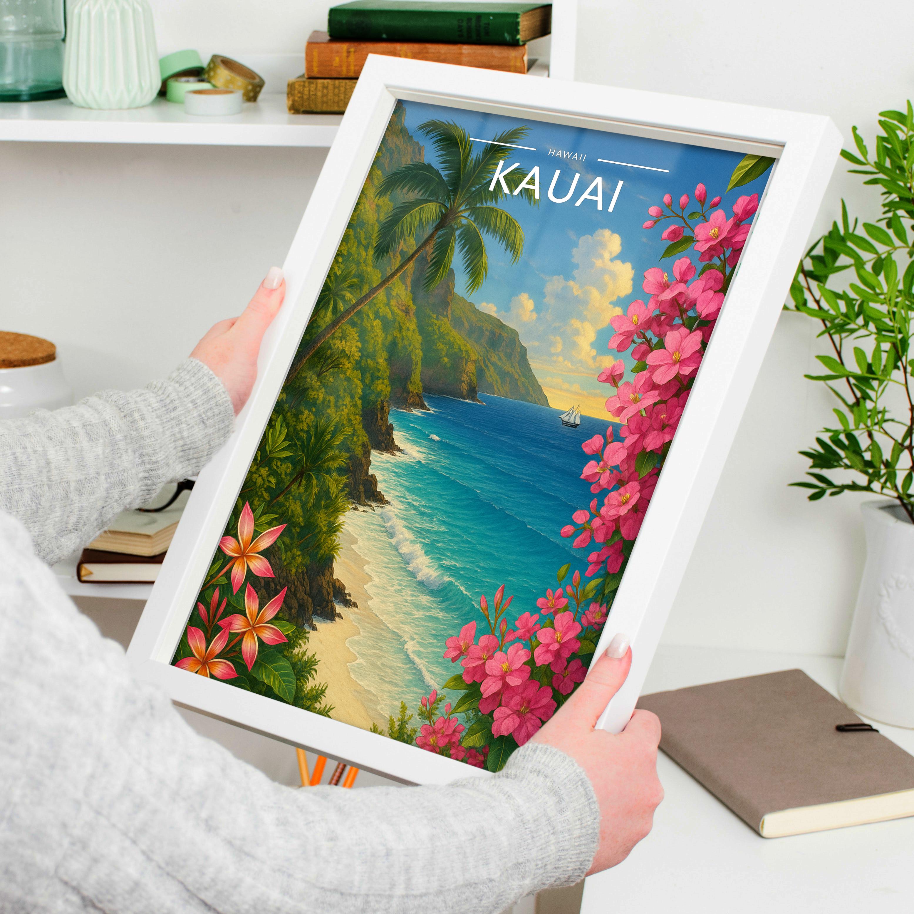 Kauai Travel Poster held in a white frame
