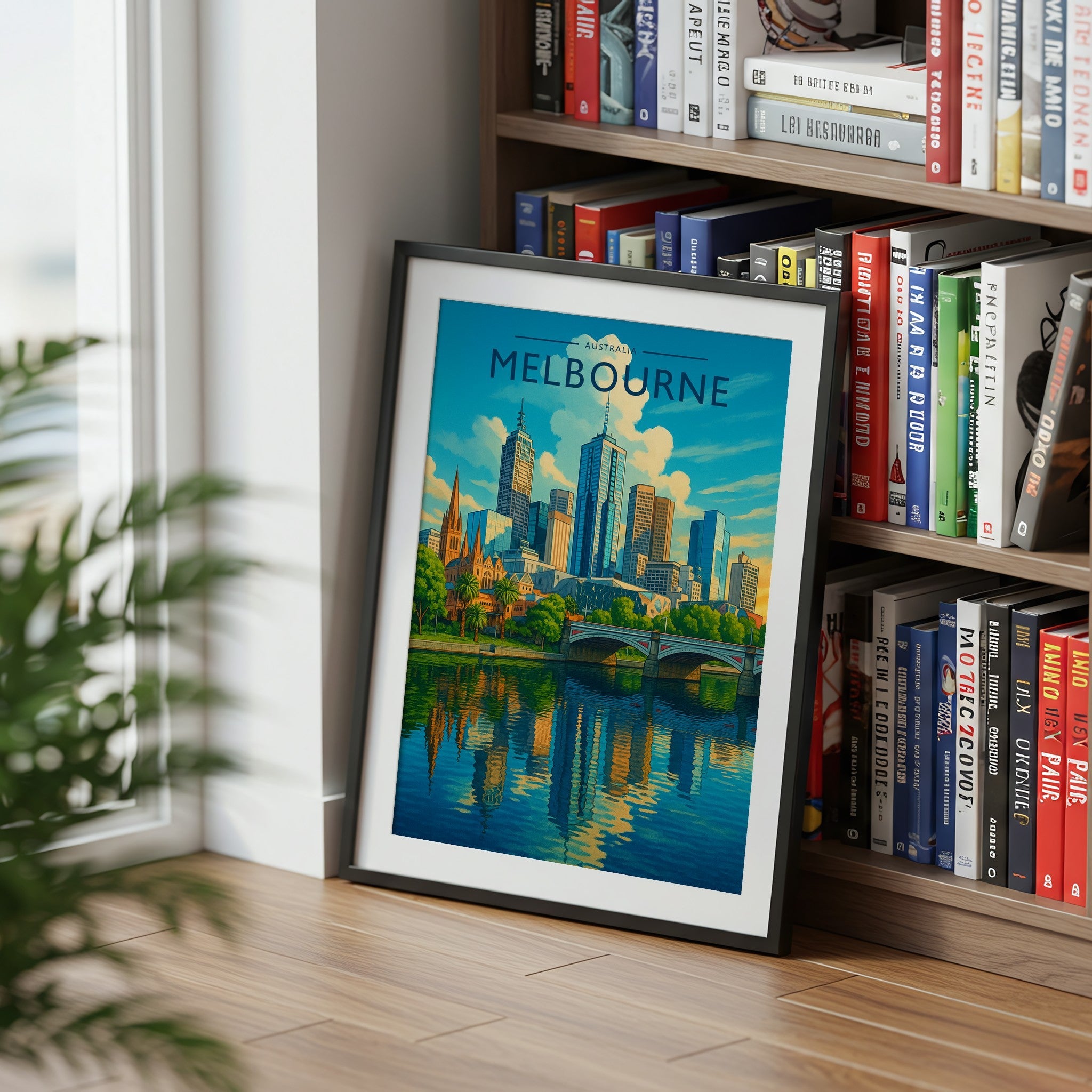 Melbourne #2 Travel Poster mounted in a black frame