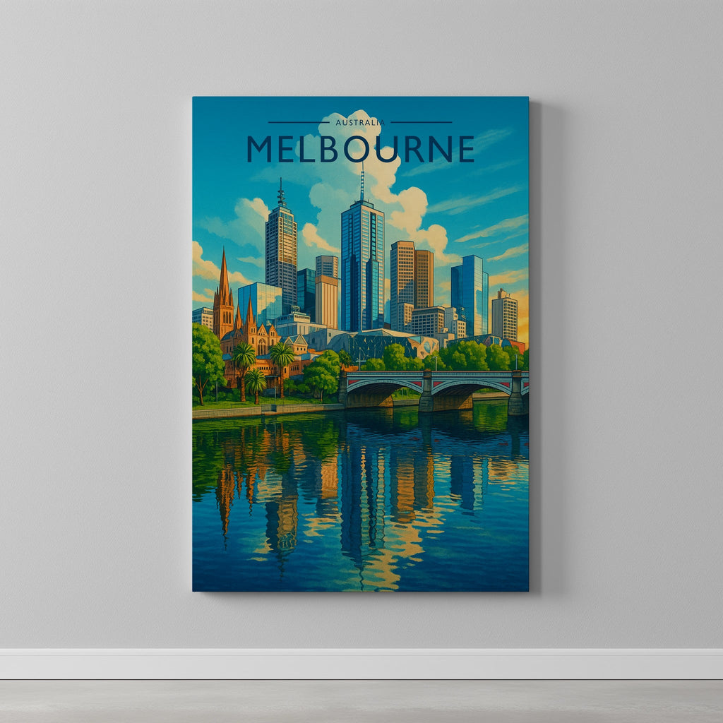 Melbourne #2 Travel Poster as a gallery-wrapped canvas on a plain wall