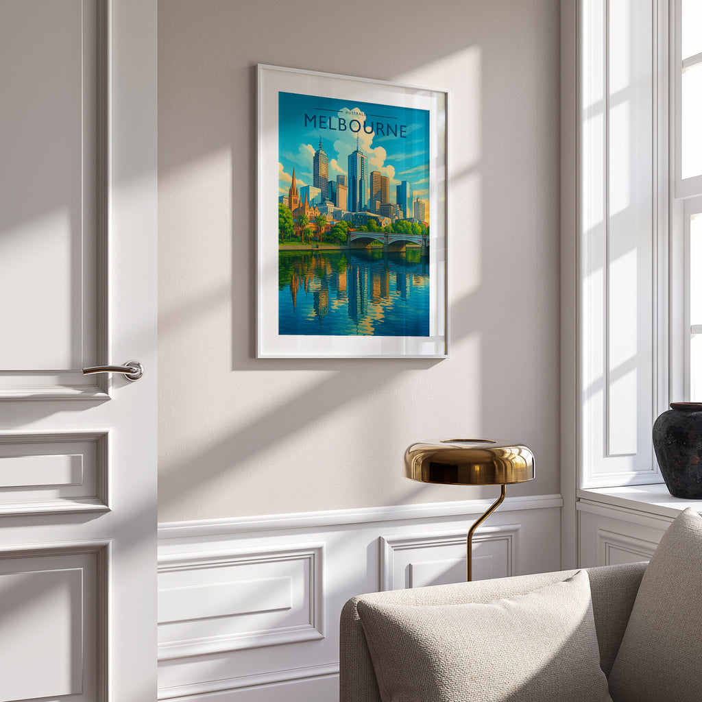 Melbourne #2 Travel Poster in a white frame on a panelled wall