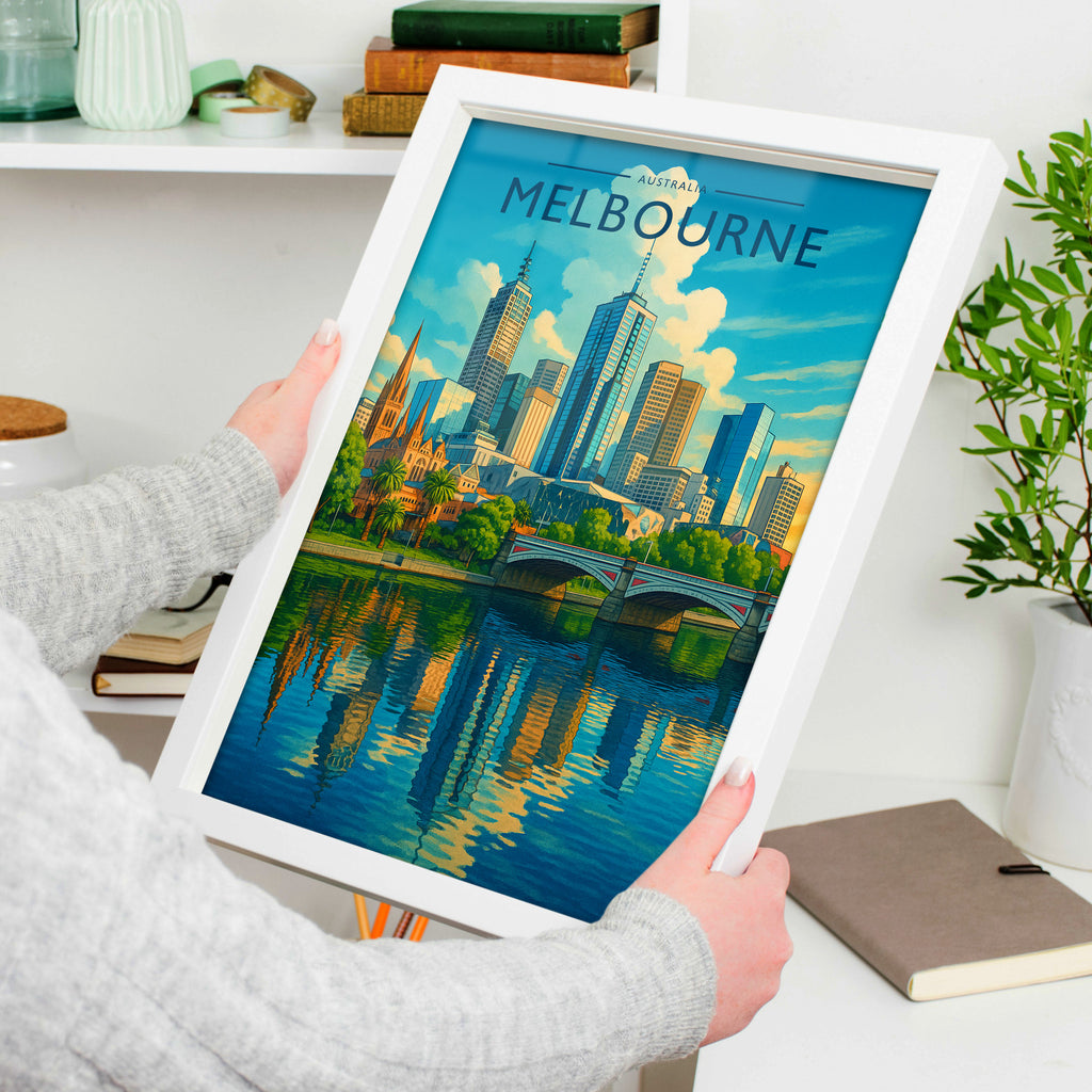 Melbourne #2 Travel Poster in a white frame, held to show scale