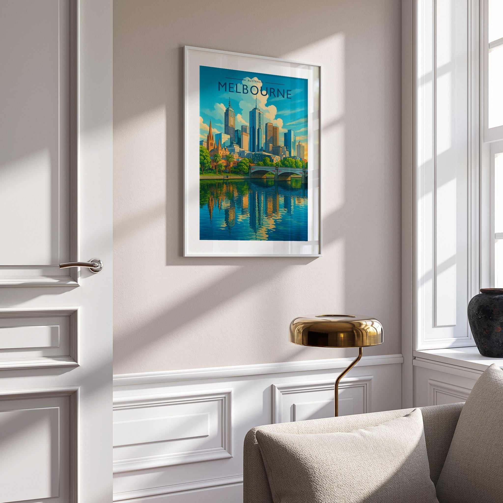 Melbourne #2 Travel Poster mounted in a white frame
