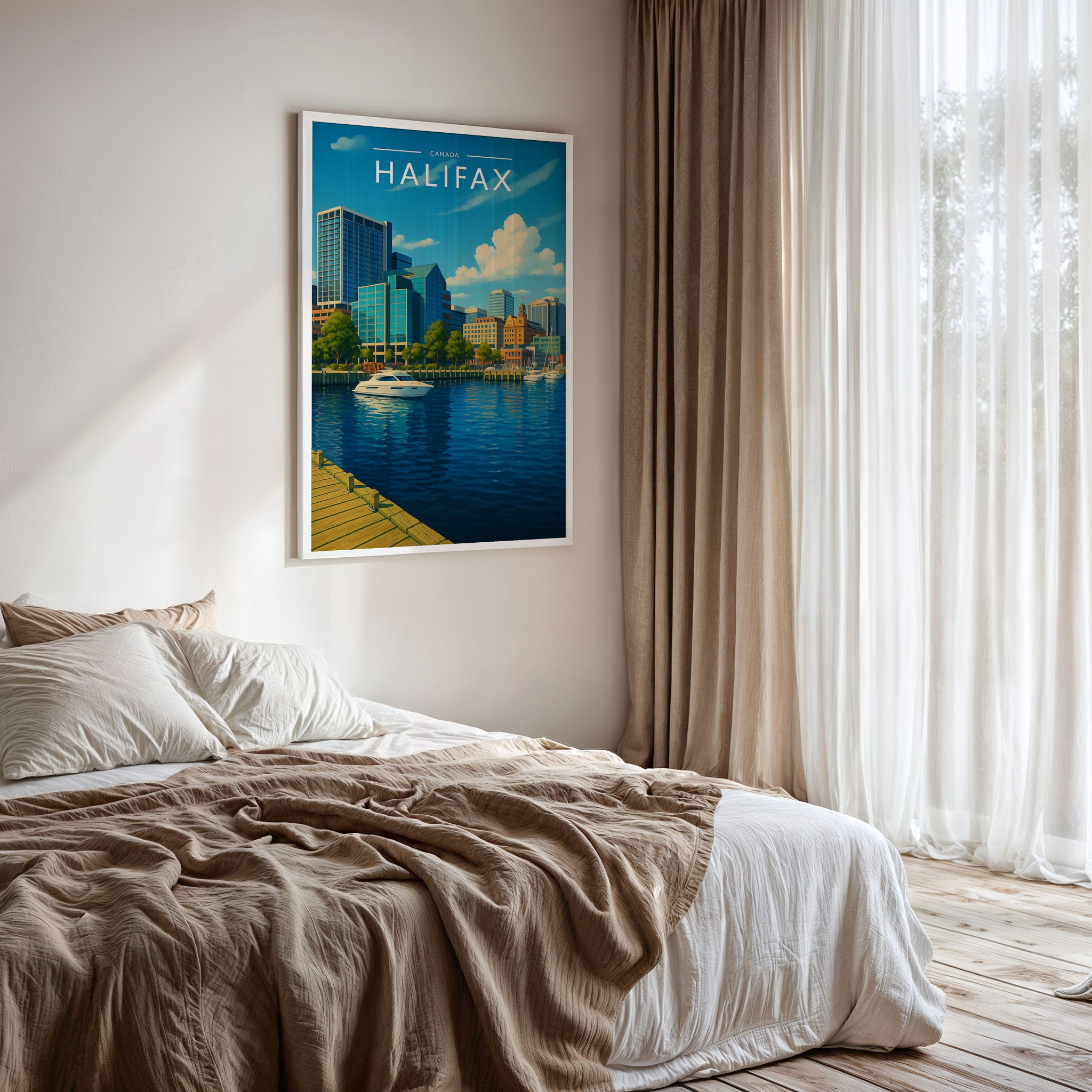 Halifax Travel Poster framed on a bedroom wall