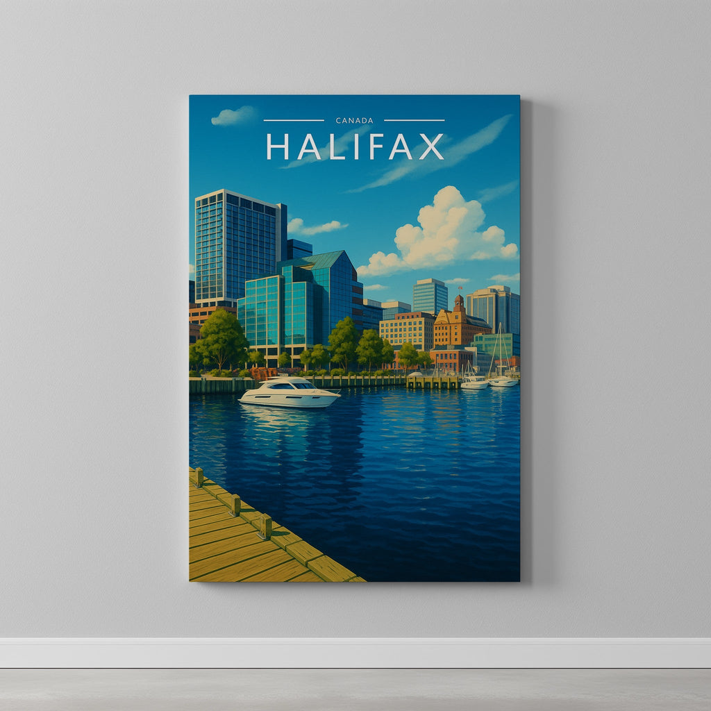 Halifax Travel Poster as a gallery-wrapped canvas on a plain wall