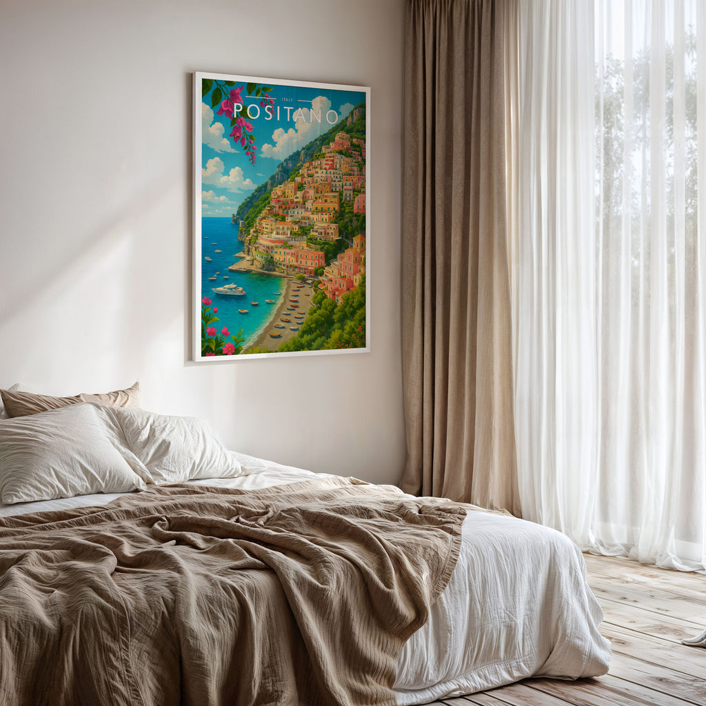 Positano #2 Travel Poster framed on a bedroom wall