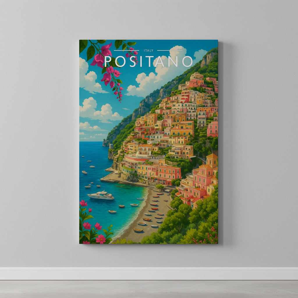 Positano #2 Travel Poster as a gallery-wrapped canvas on a plain wall