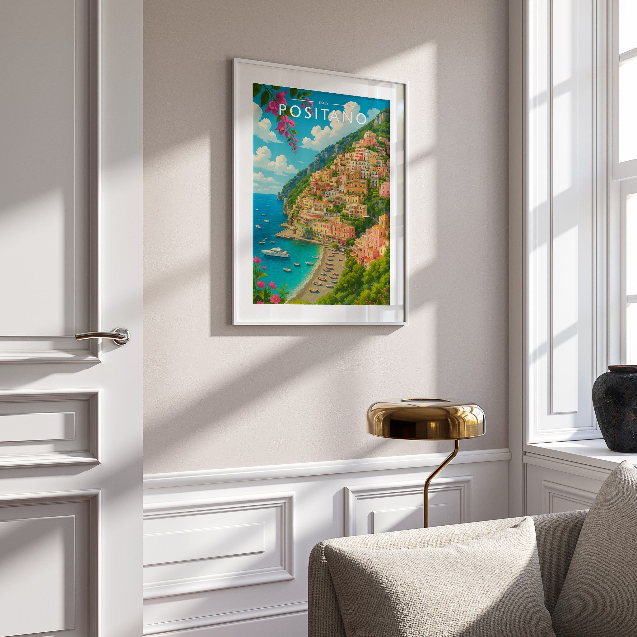 Positano #2 Travel Poster mounted in a white frame