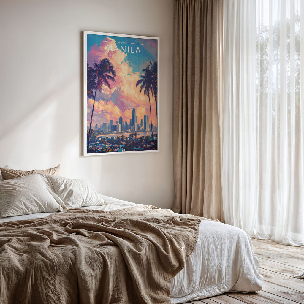 Manila Travel Poster framed on a bedroom wall