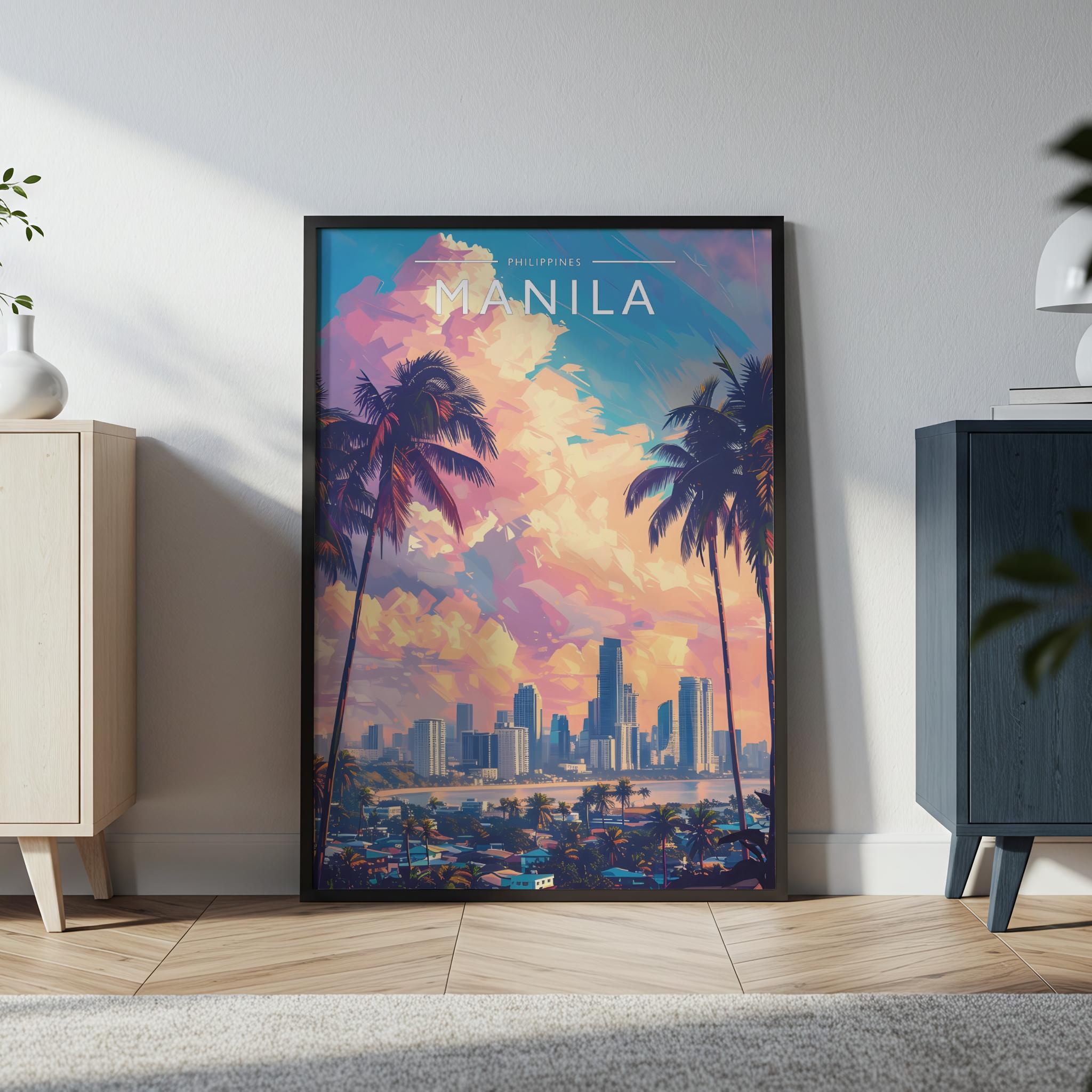 Manila Travel Poster in a black frame