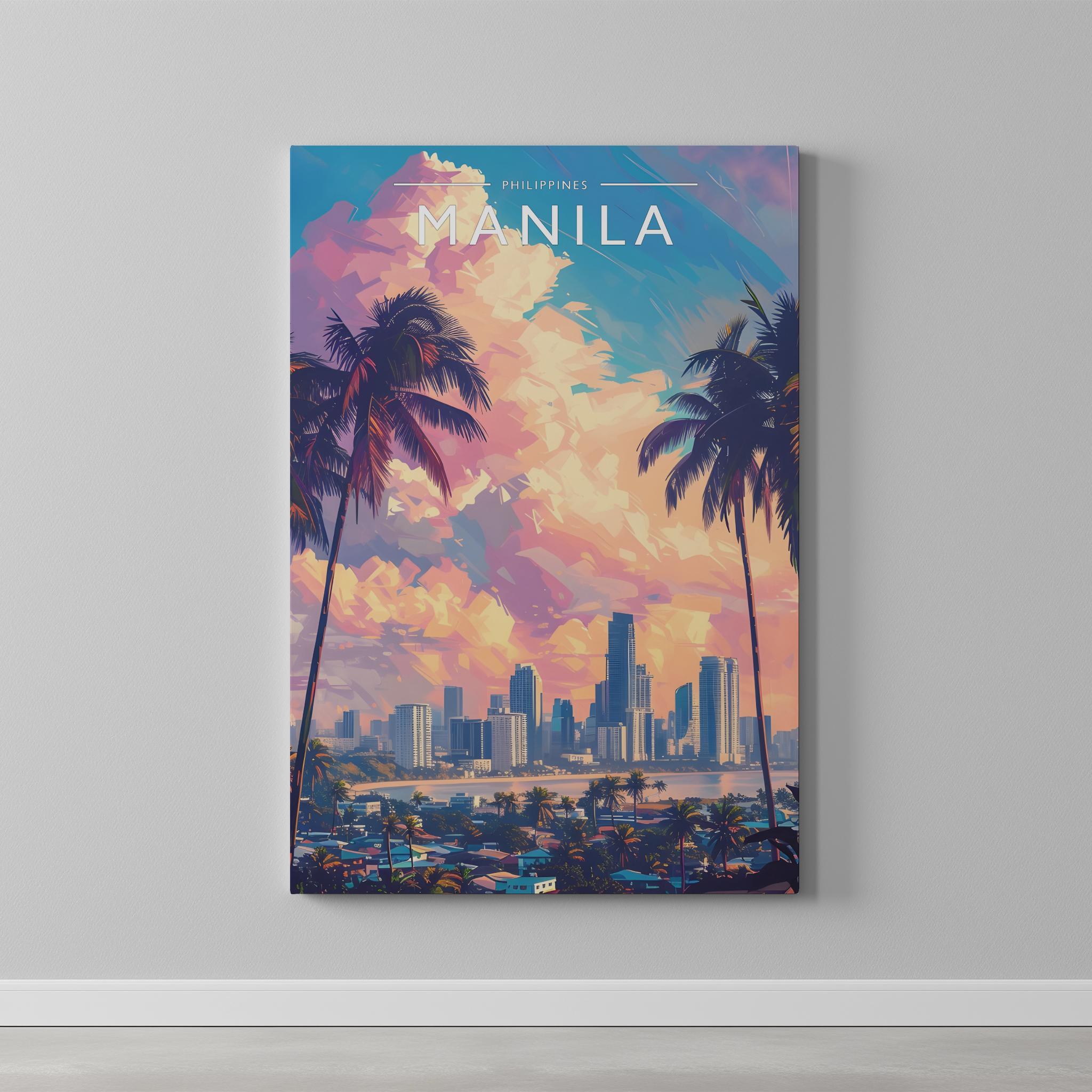 Manila Travel Poster as a gallery-wrapped canvas on a plain wall
