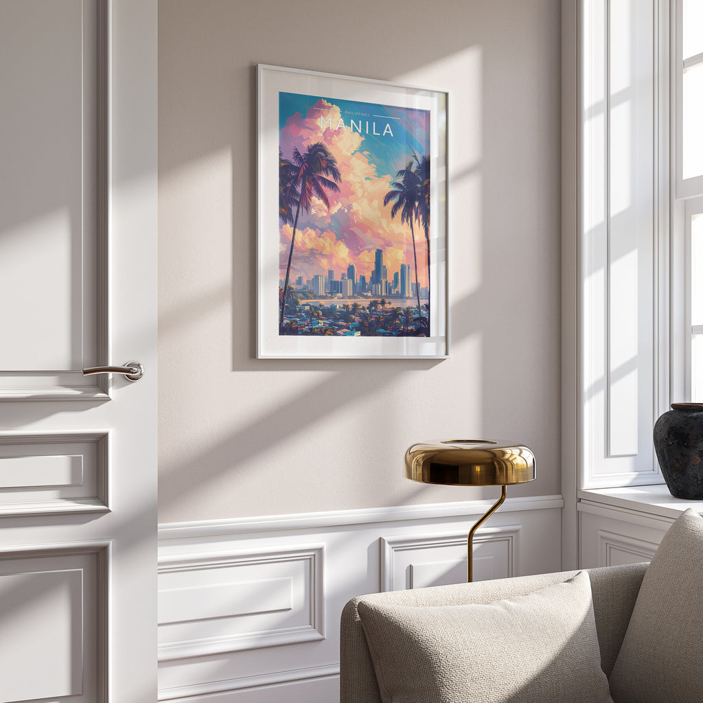 Manila Travel Poster in a white frame on a panelled wall