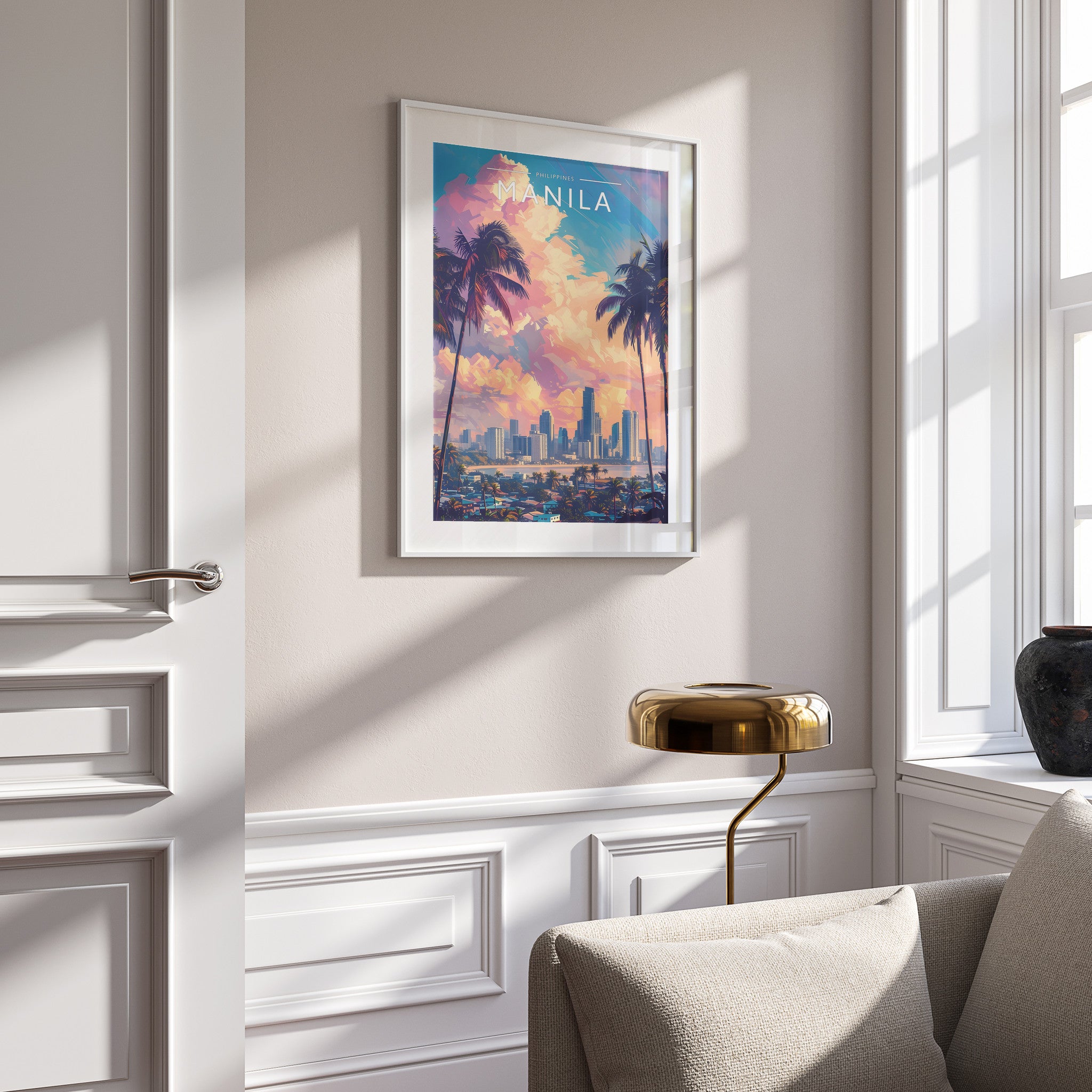 Manila Travel Poster in a white frame on a panelled wall