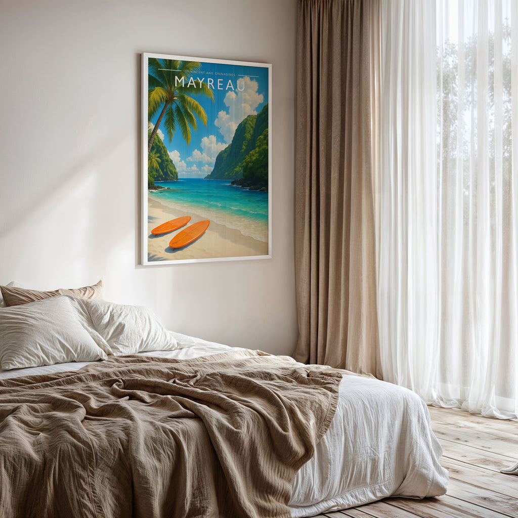 Mayreau #3 Travel Poster framed on a bedroom wall