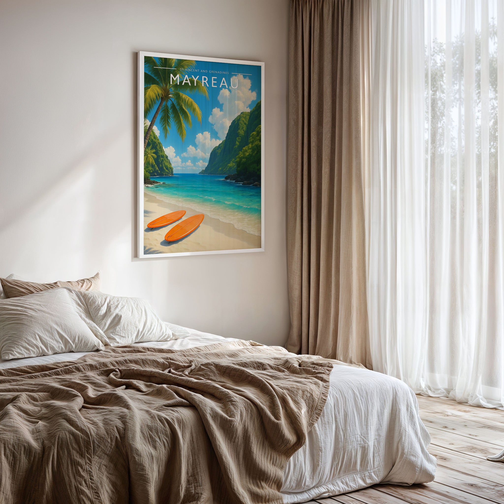 Mayreau #3 Travel Poster framed on a bedroom wall