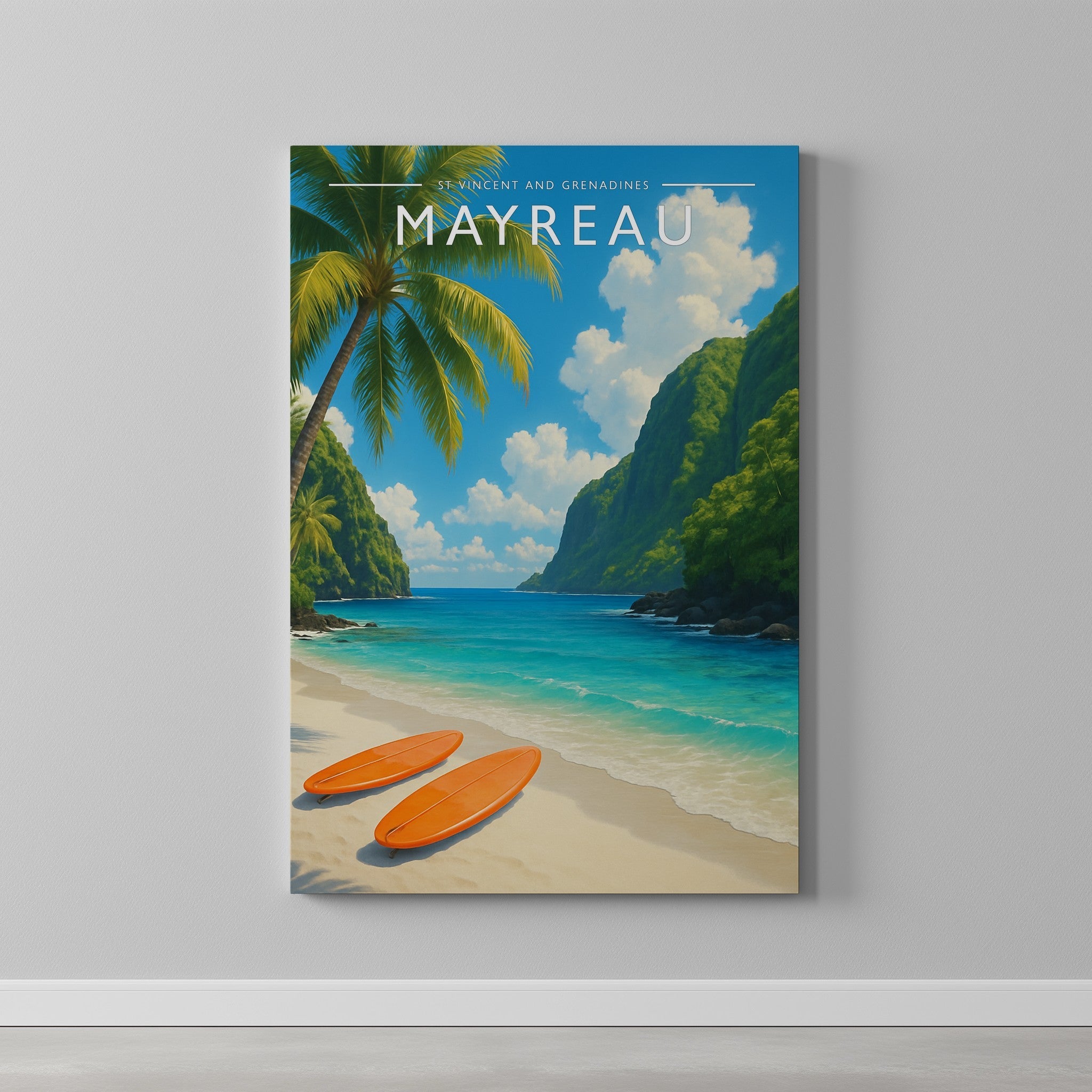 Mayreau #3 Travel Poster as a gallery-wrapped canvas on a plain wall