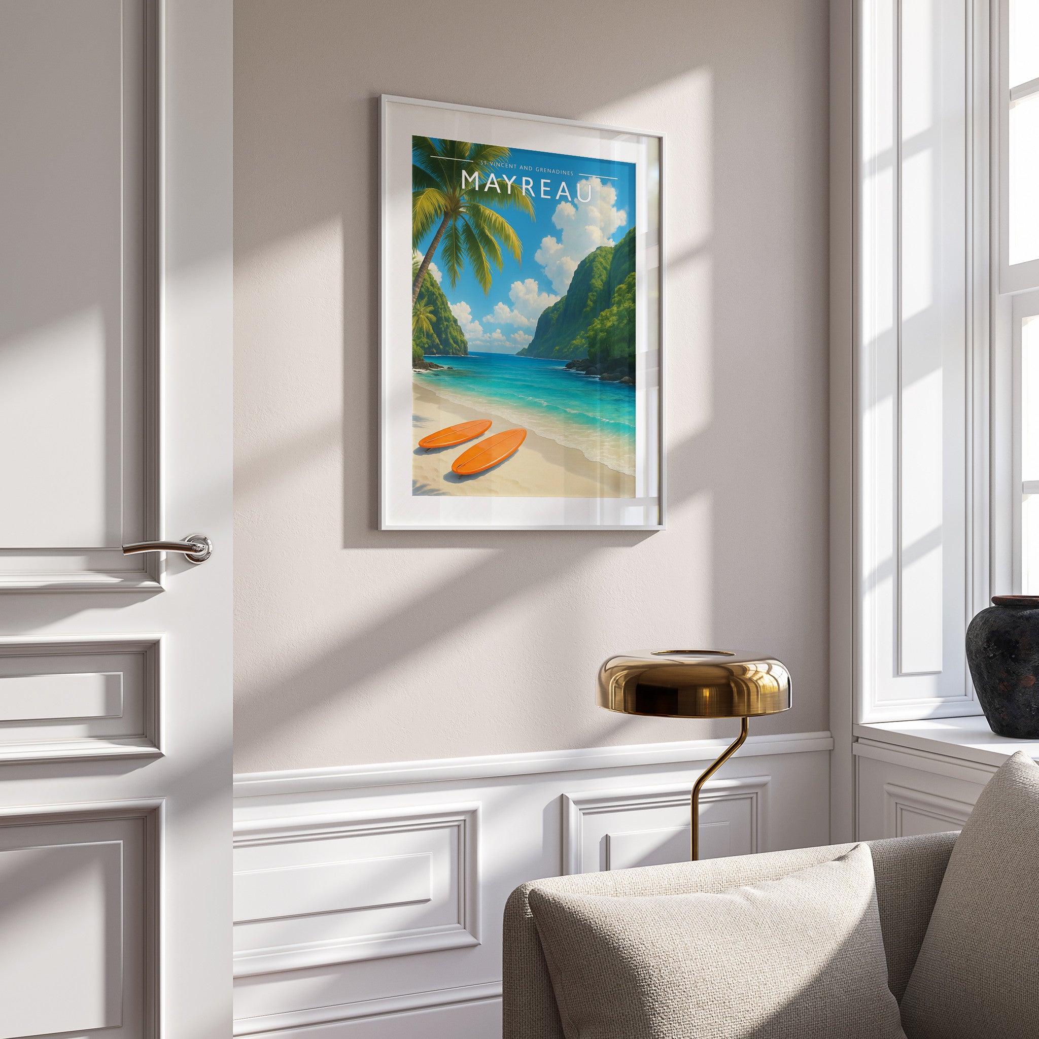 Mayreau #3 Travel Poster in a white frame on a panelled wall