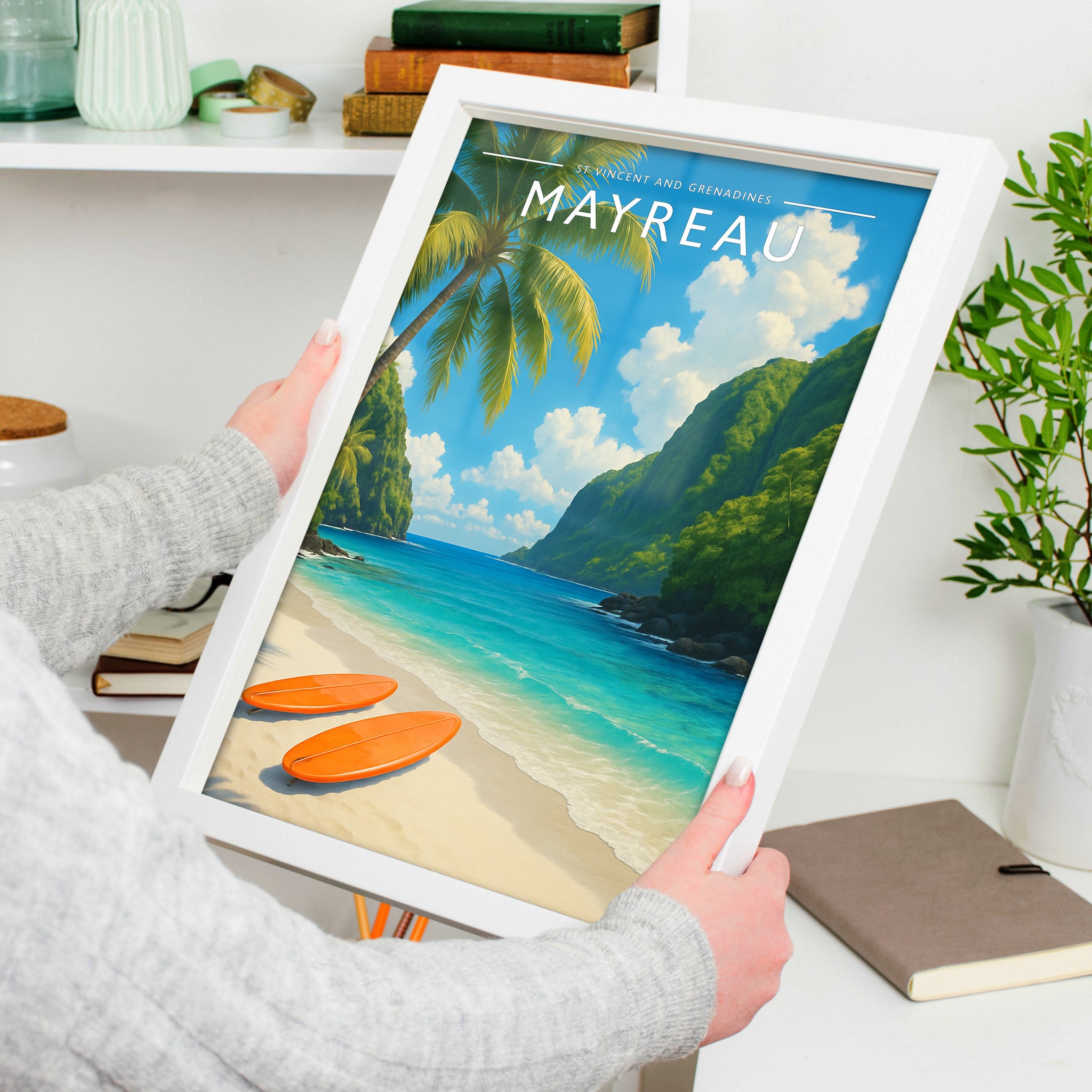 Mayreau #3 Travel Poster in a white frame, held to show scale