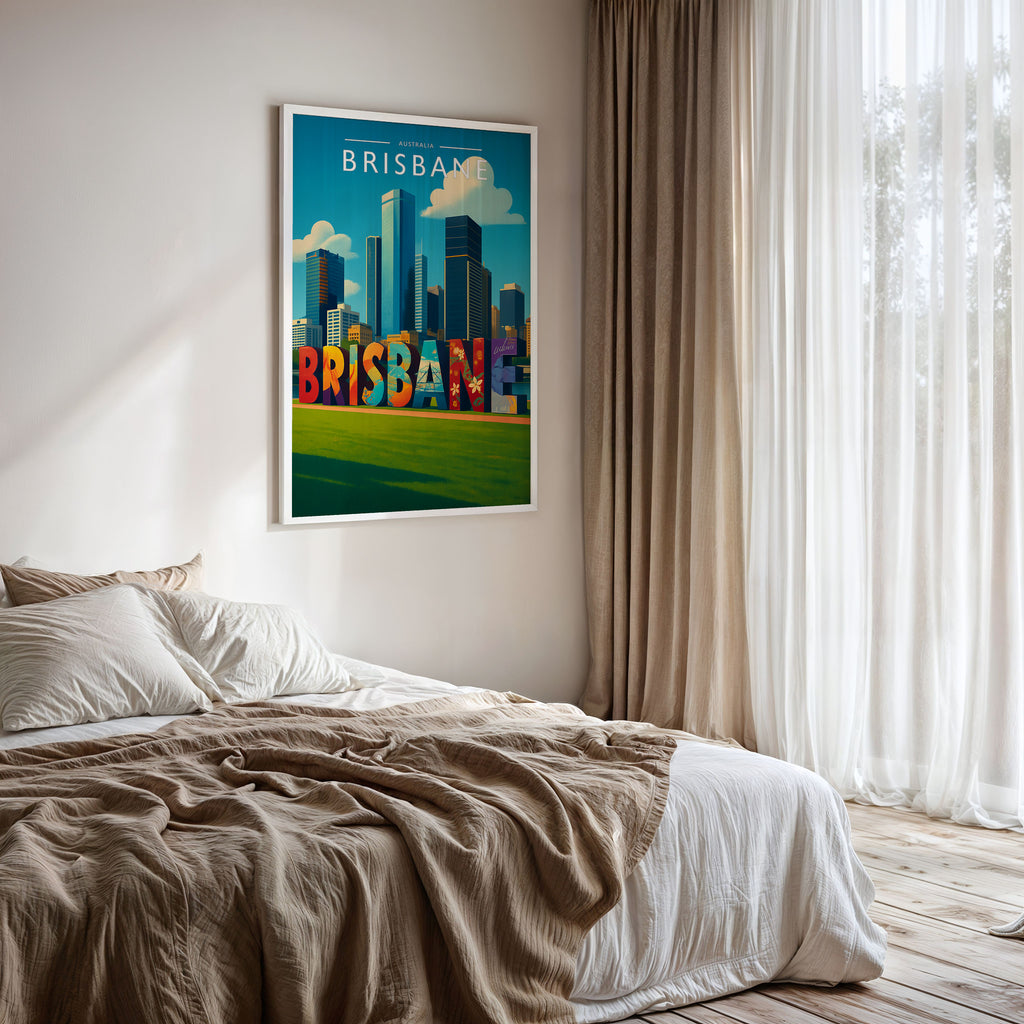 Brisbane #2 Travel Poster framed on a bedroom wall