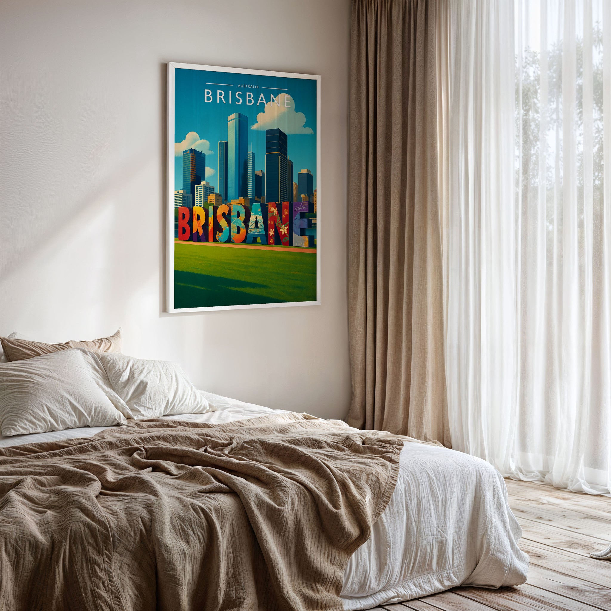 Brisbane #2 Travel Poster framed on a bedroom wall