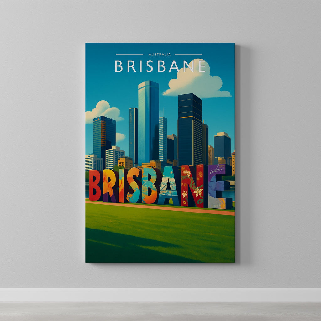 Brisbane #2 Travel Poster as a gallery-wrapped canvas on a plain wall
