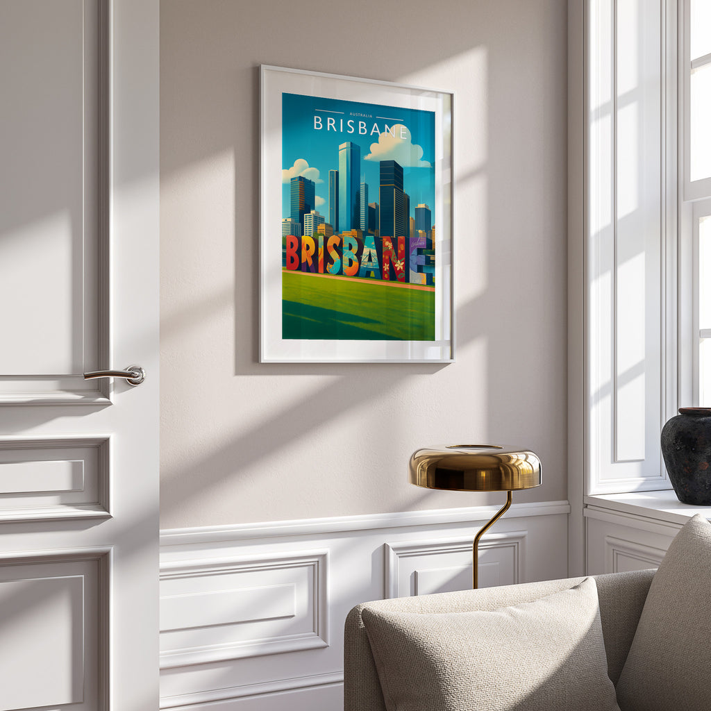 Brisbane #2 Travel Poster in a white frame on a panelled wall