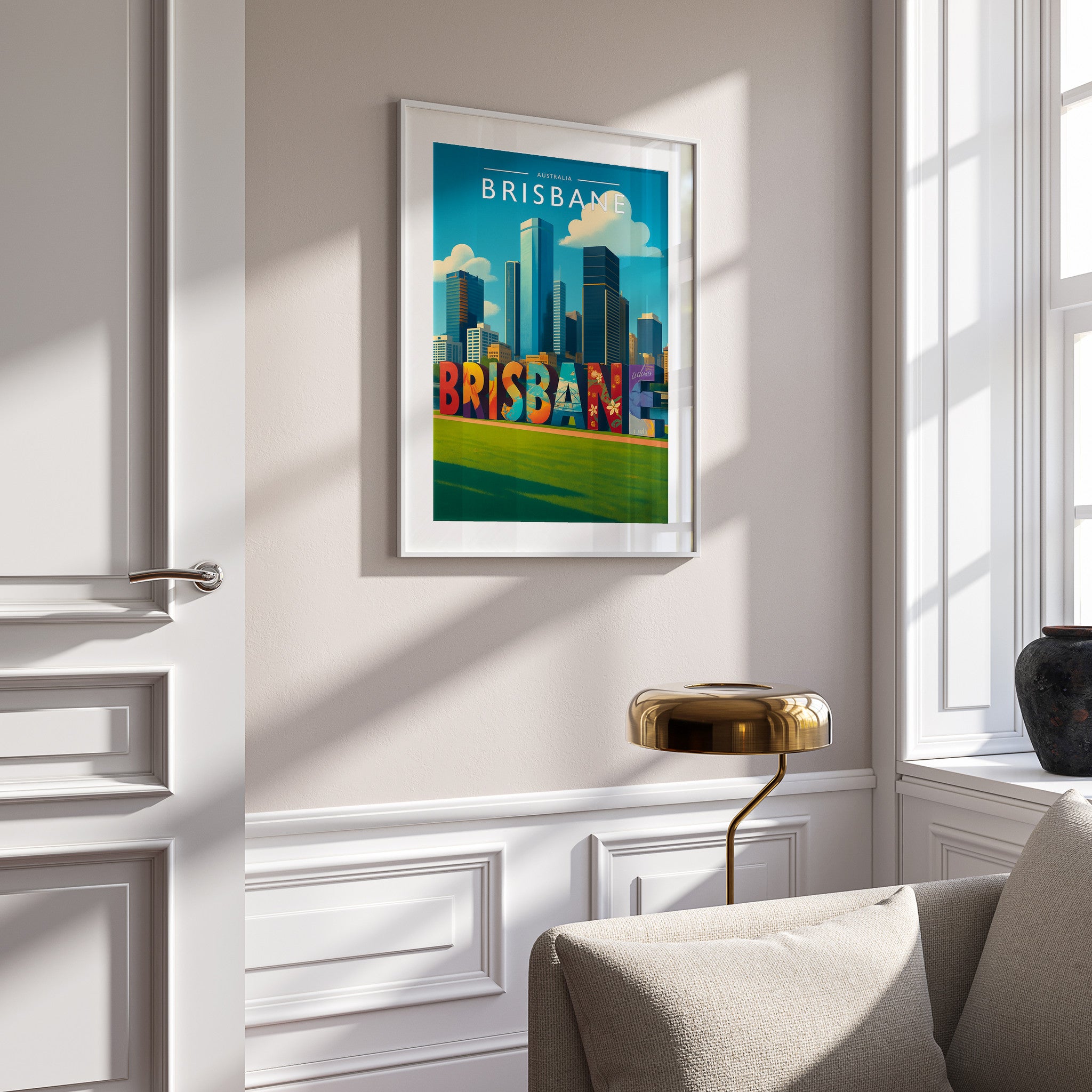 Brisbane #2 Travel Poster in a white frame on a panelled wall