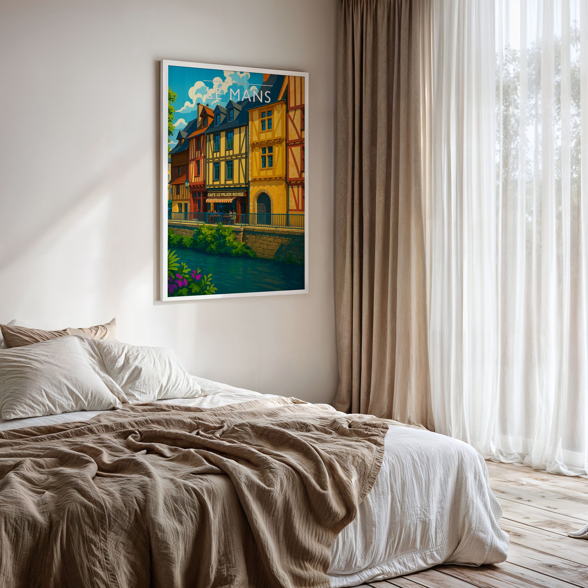 Le Mans Travel Poster framed on a bedroom wall
