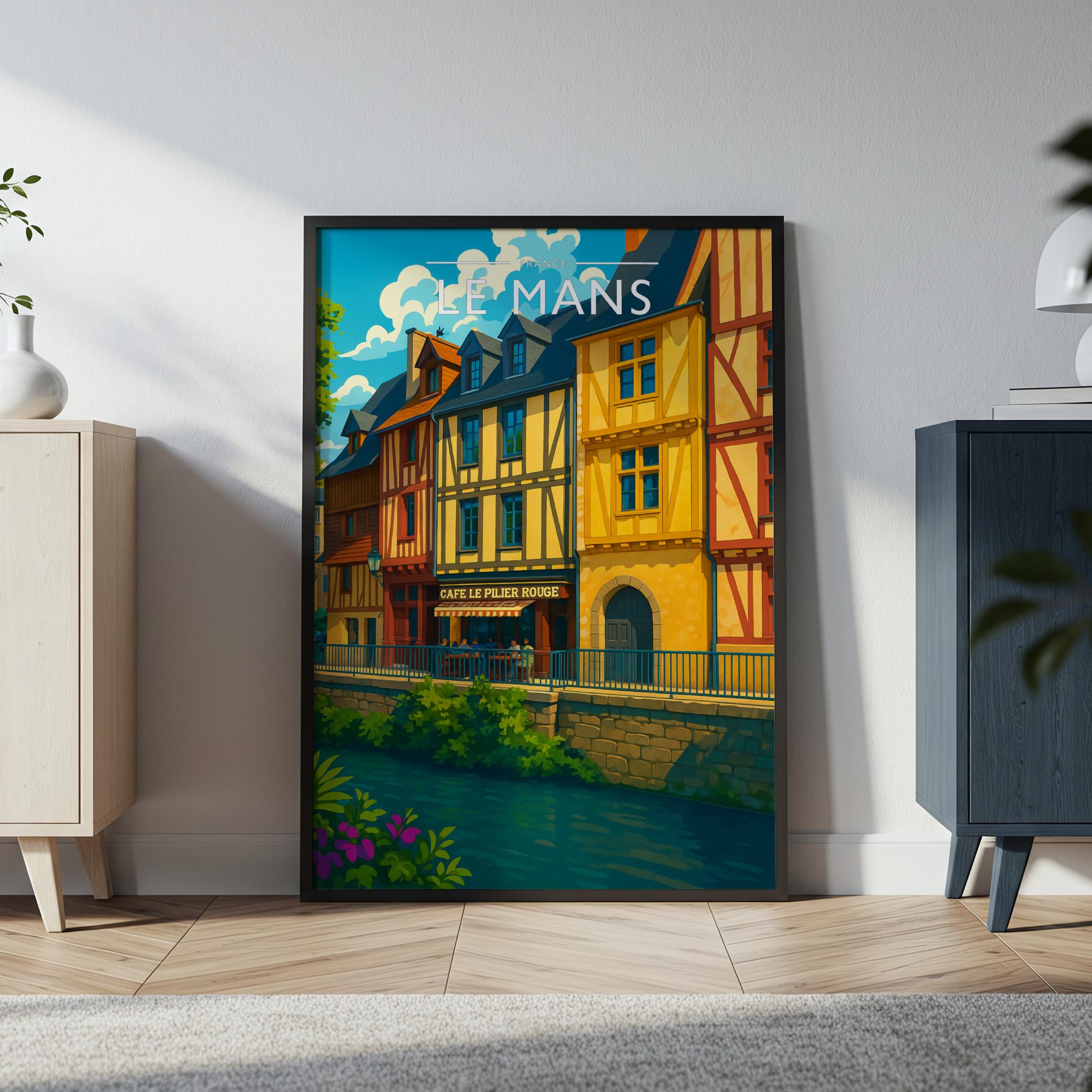 Le Mans Travel Poster in a black frame