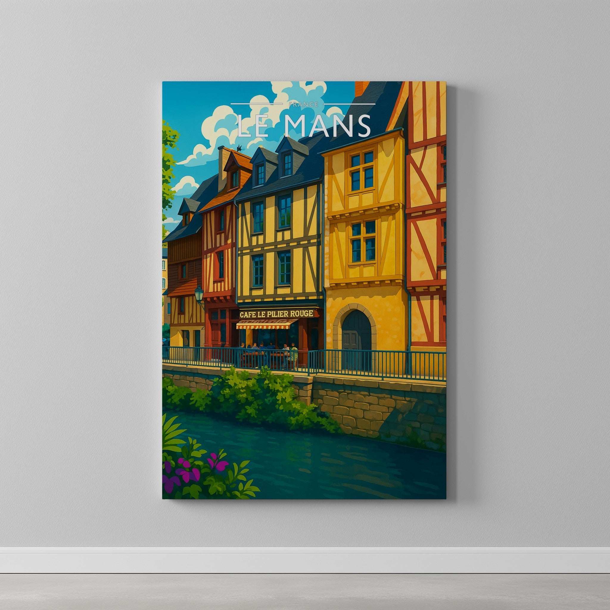 Le Mans Travel Poster as a gallery-wrapped canvas on a plain wall