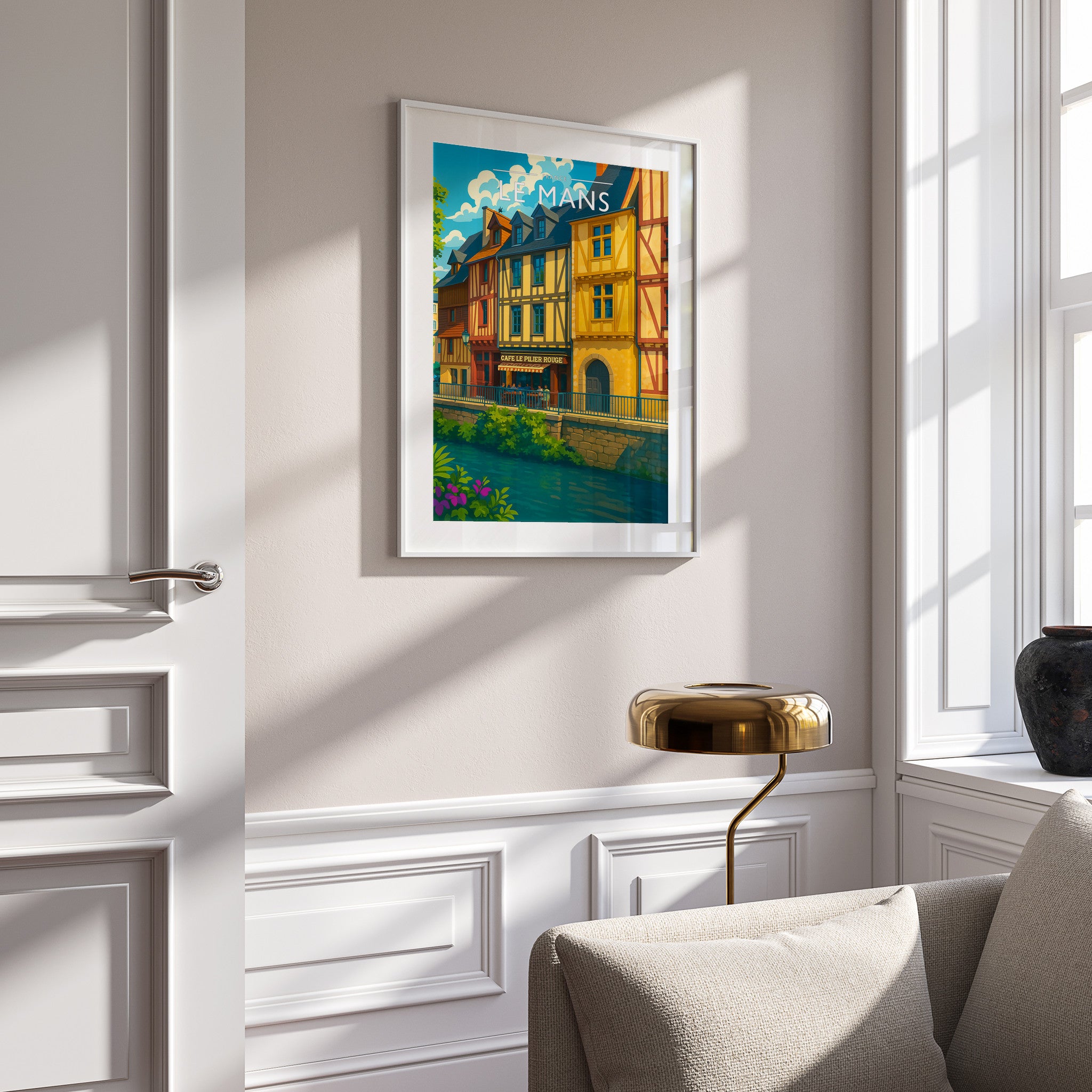 Le Mans Travel Poster in a white frame on a panelled wall