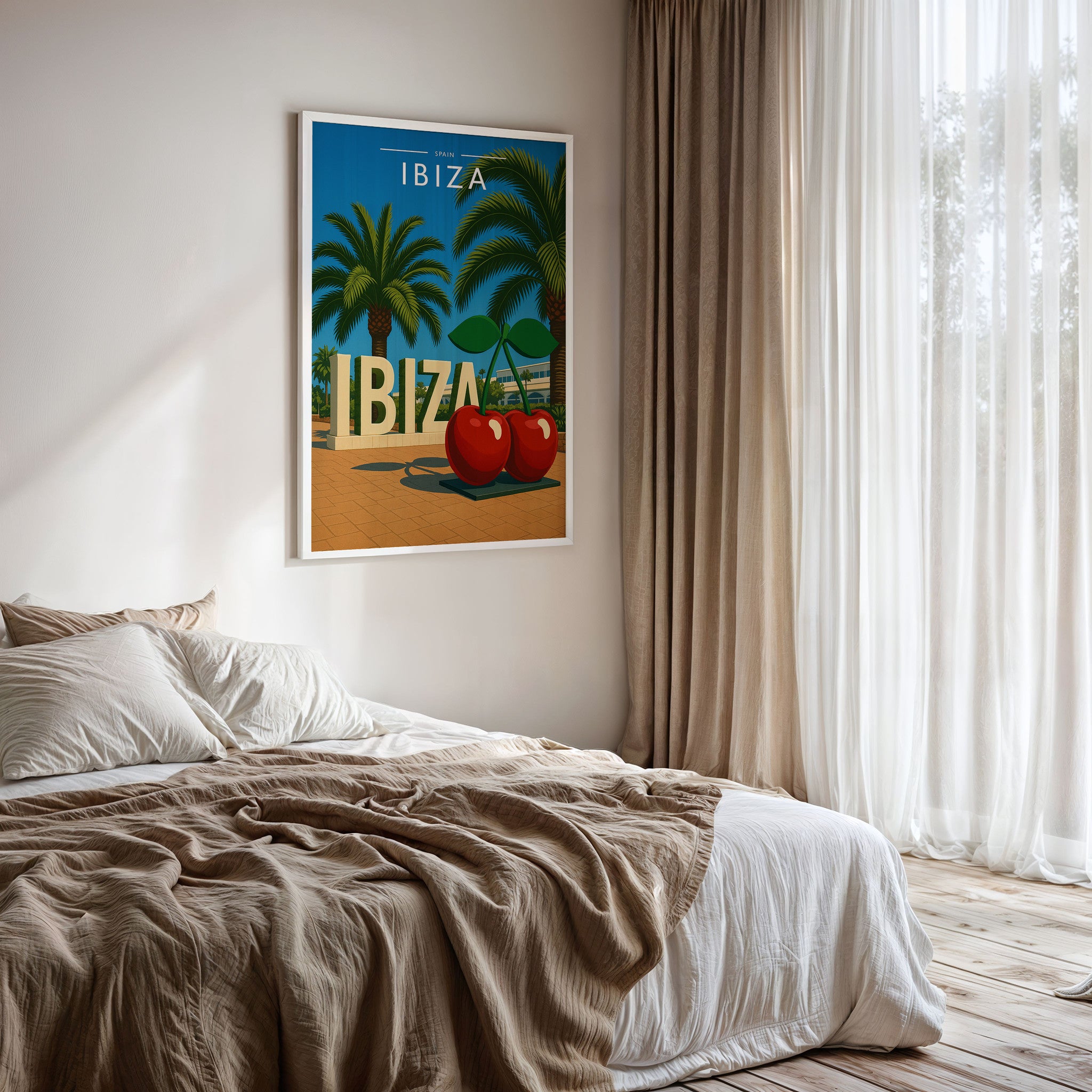 Ibiza #8 Travel Poster framed on a bedroom wall