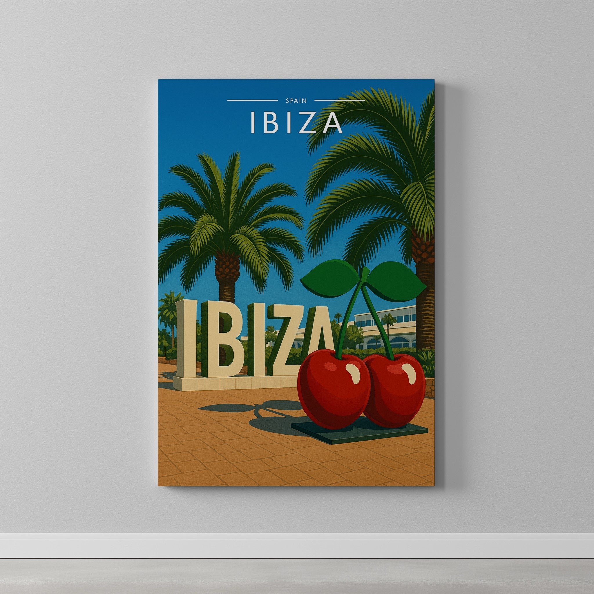 Ibiza #8 Travel Poster as a gallery-wrapped canvas on a plain wall