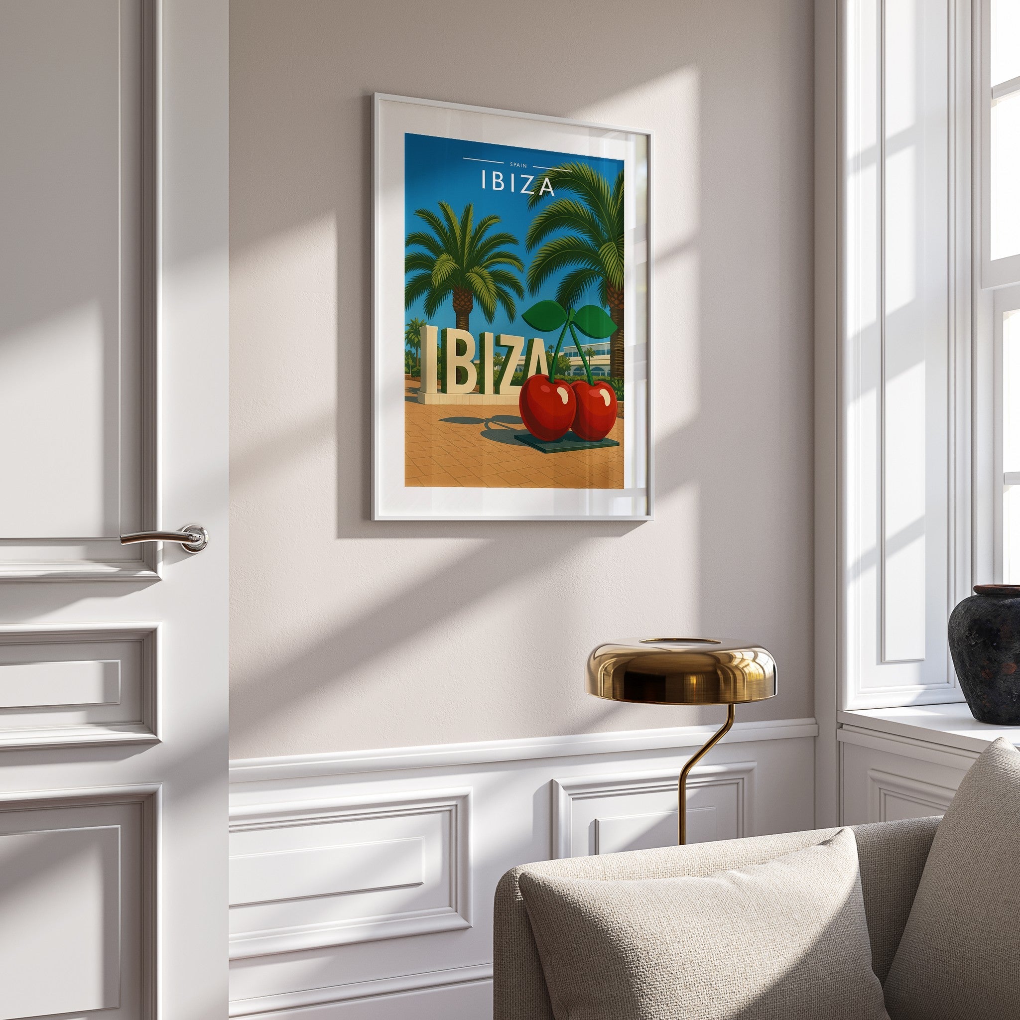 Ibiza #8 Travel Poster mounted in a white frame