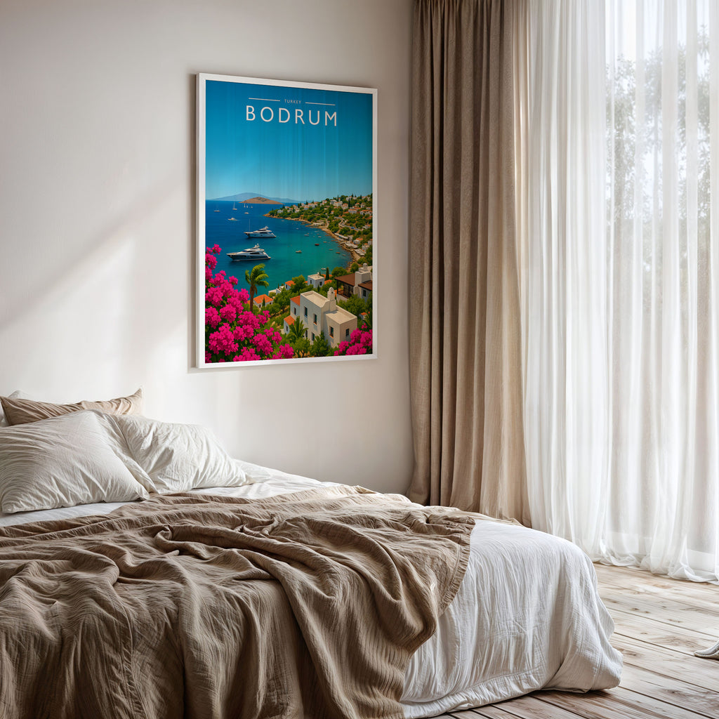 Bodrum Travel Poster framed on a bedroom wall