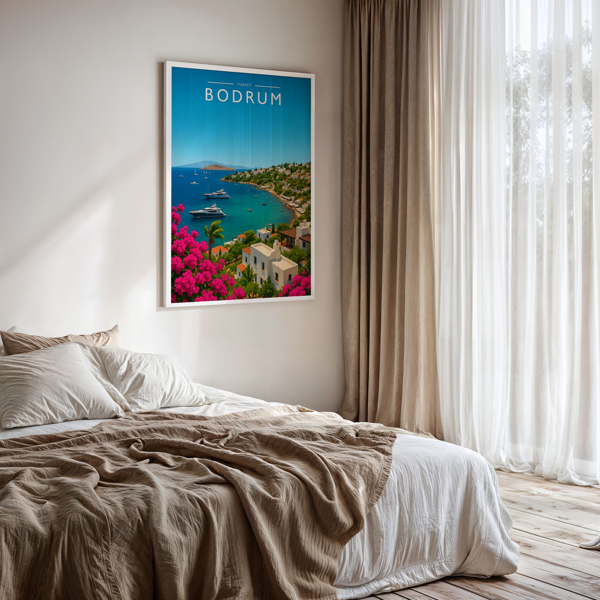 Bodrum Travel Poster framed on a bedroom wall