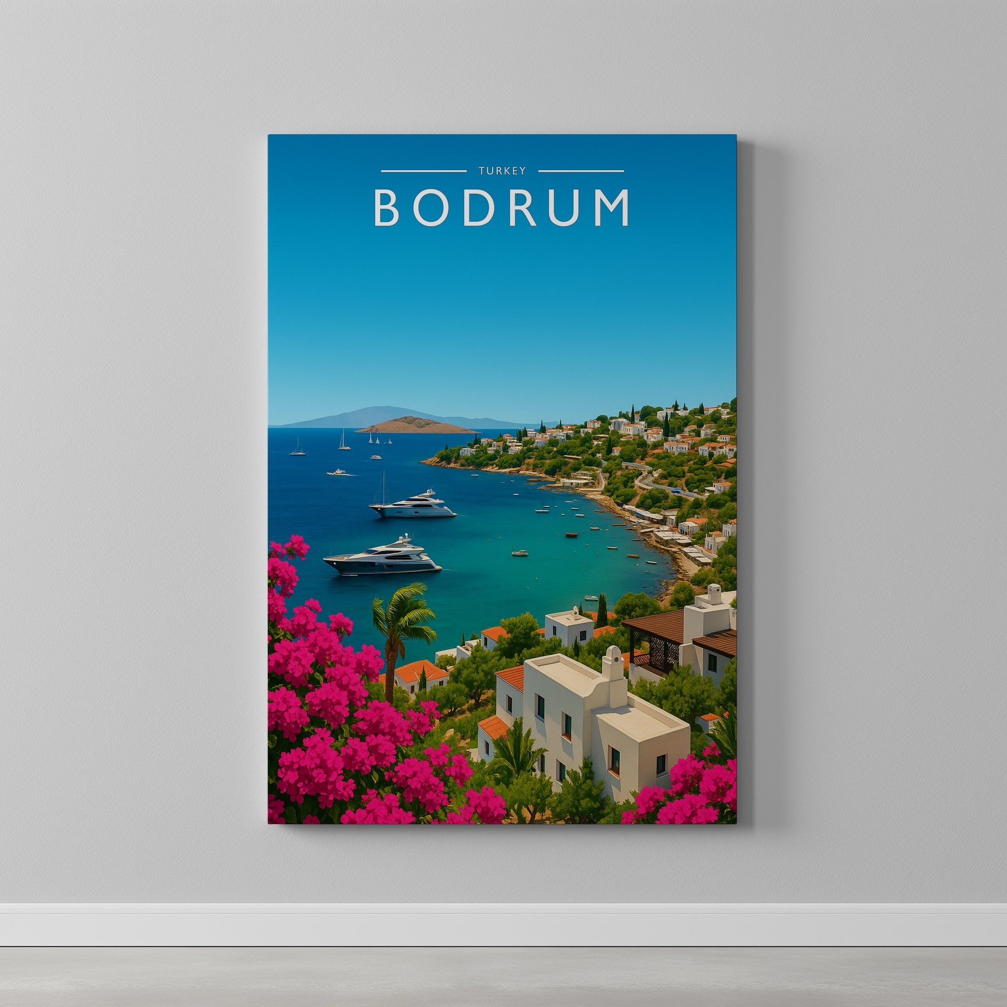 Bodrum Travel Poster as a gallery-wrapped canvas on a plain wall