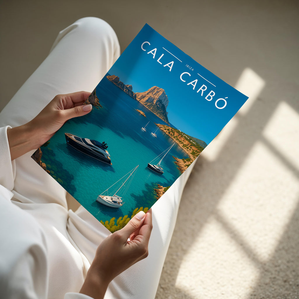 Cala Carbó Travel Poster - A4 print held in hand