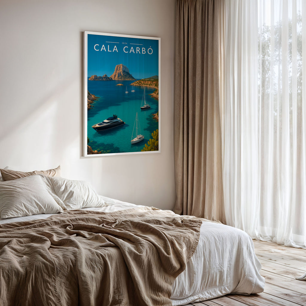 Cala Carbó Travel Poster framed on a bedroom wall