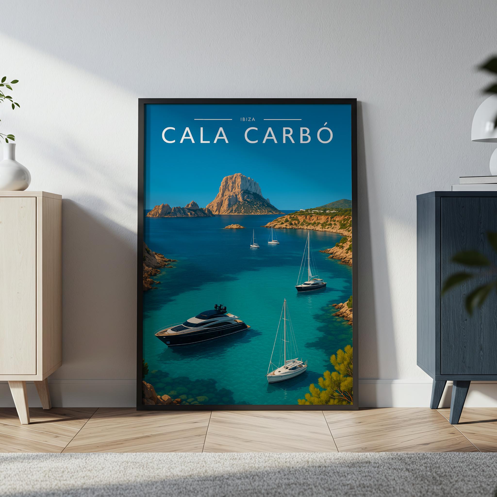 Cala Carbó Travel Poster in a black frame
