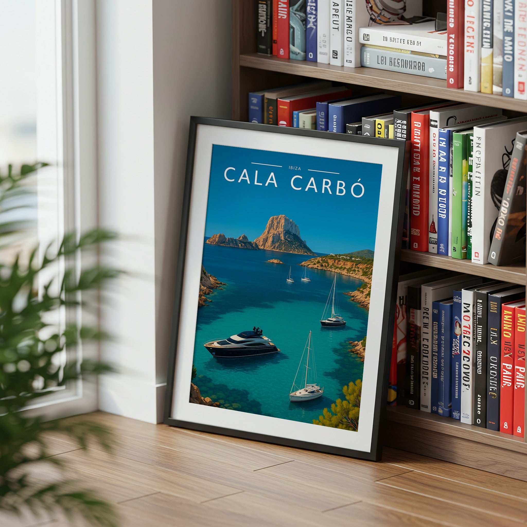 Cala Carbó Travel Poster mounted in a black frame