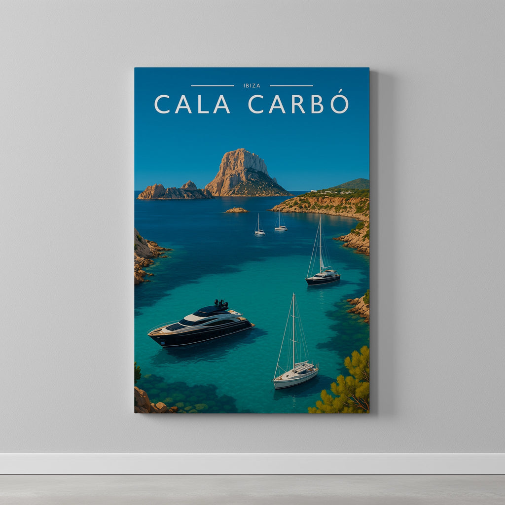 Cala Carbó Travel Poster as a gallery-wrapped canvas on a plain wall