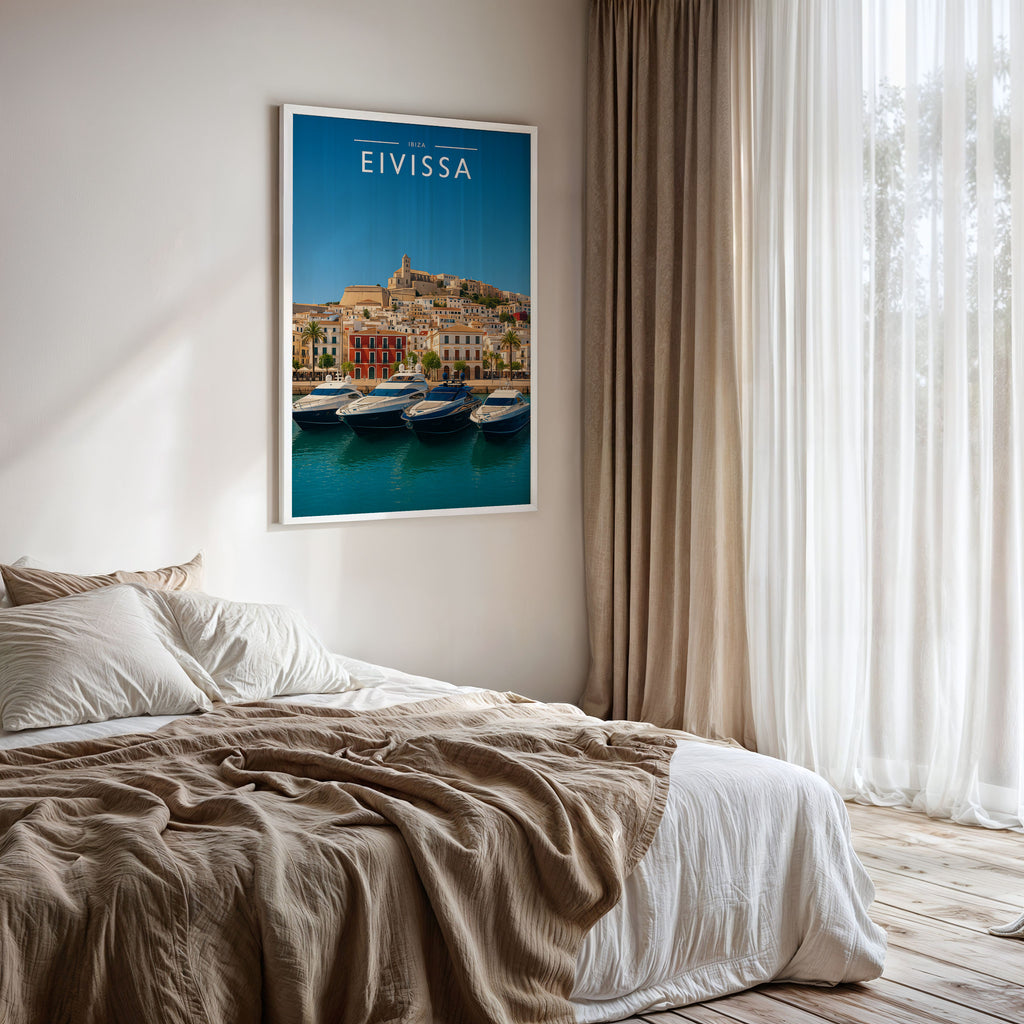 Eivissa Travel Poster framed on a bedroom wall