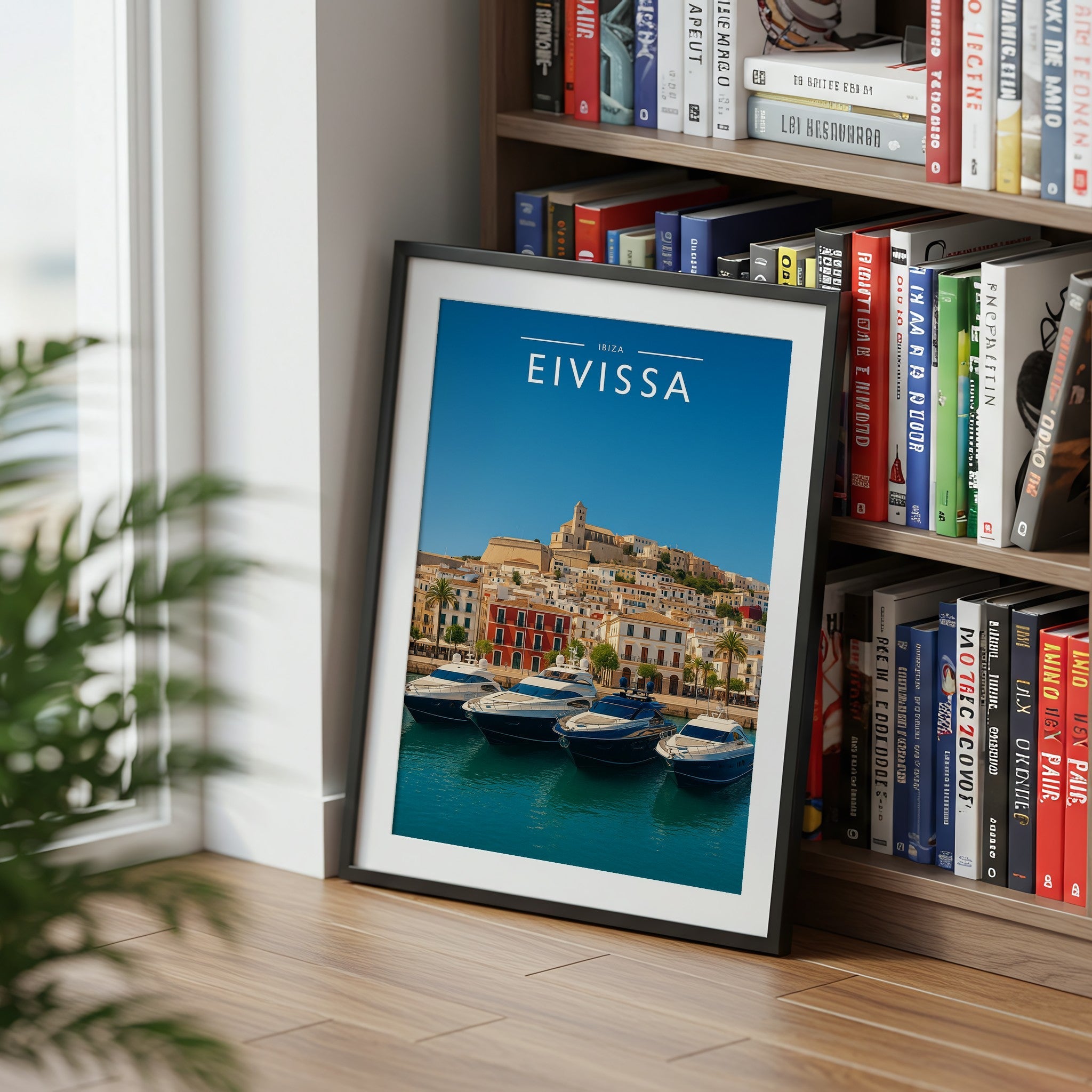 Eivissa Travel Poster mounted in a black frame