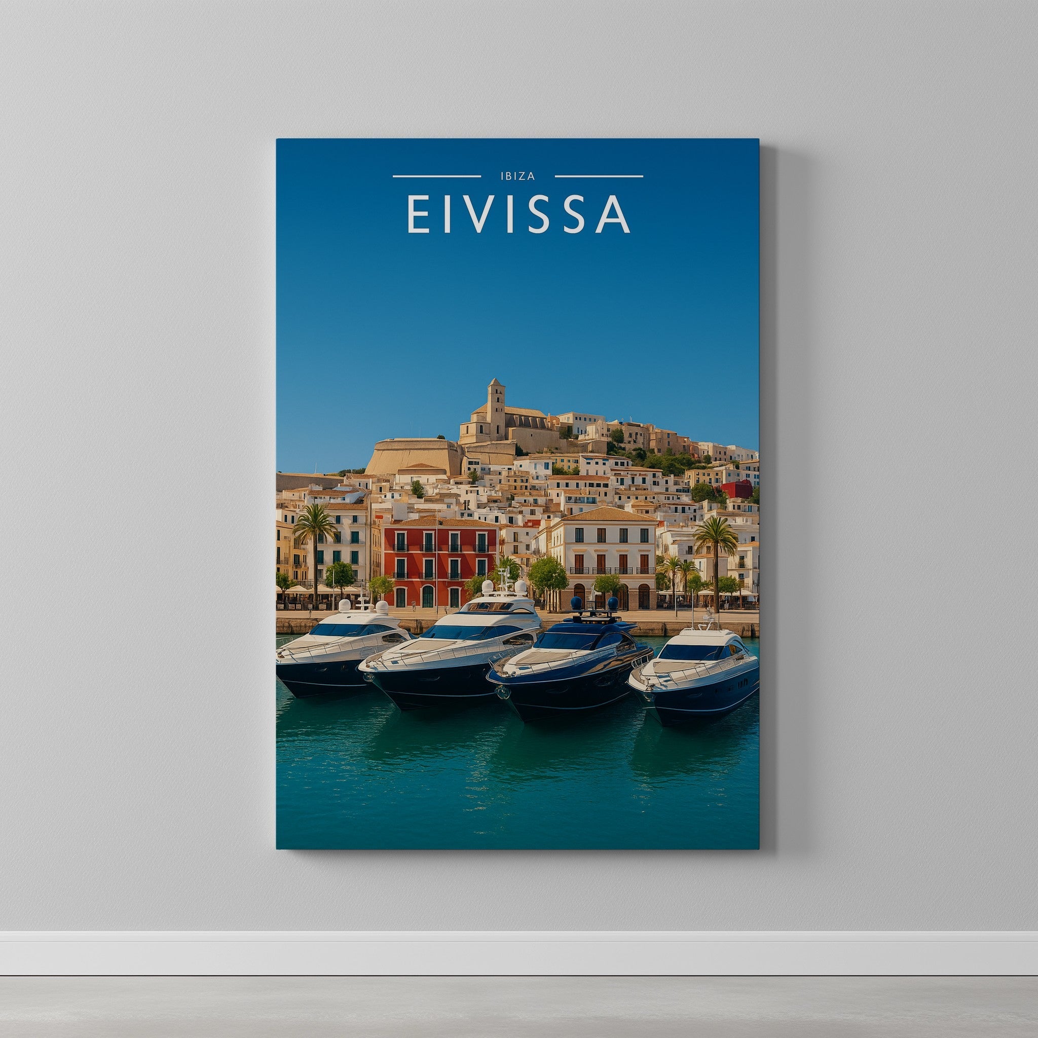 Eivissa Travel Poster as a gallery-wrapped canvas on a plain wall