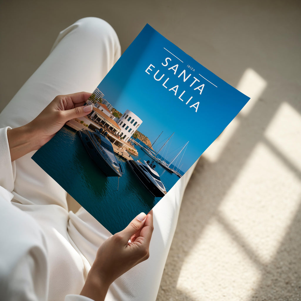 Santa Eulalia Travel Poster - A4 print held in hand