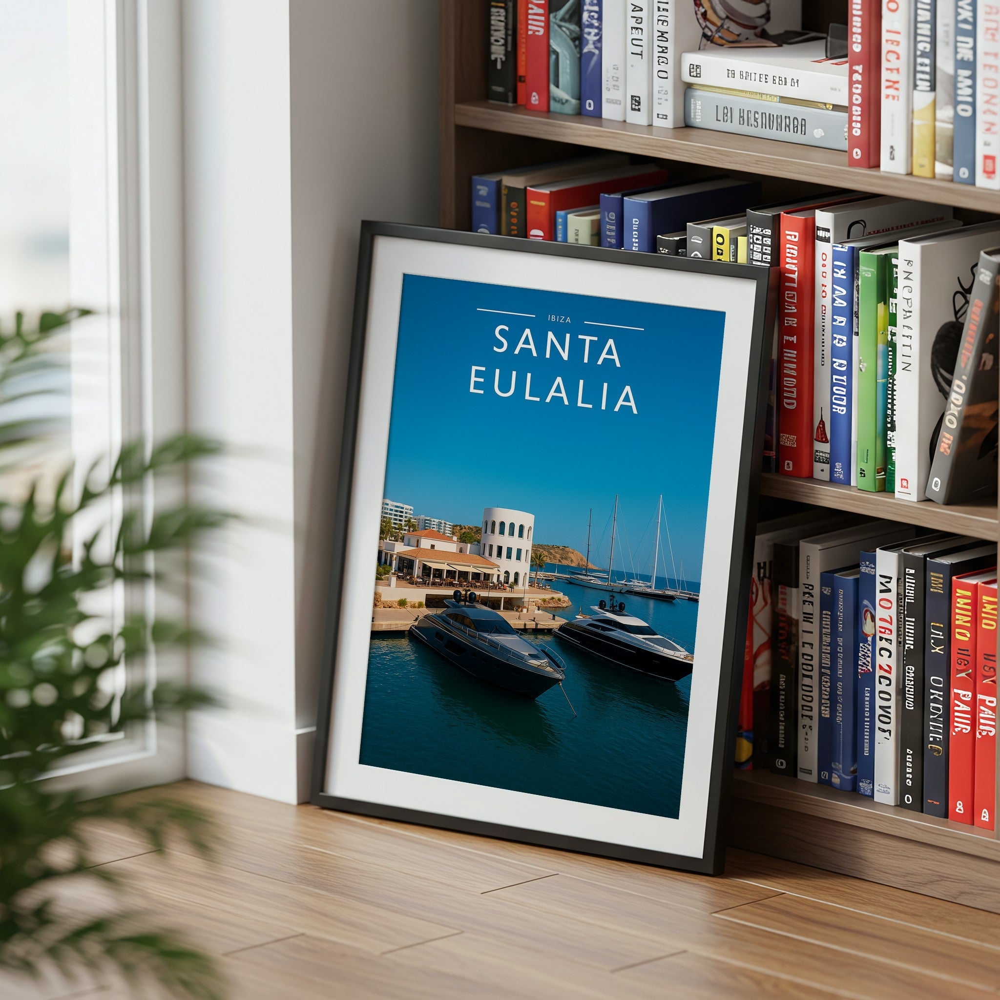 Santa Eulalia Travel Poster mounted in a black frame